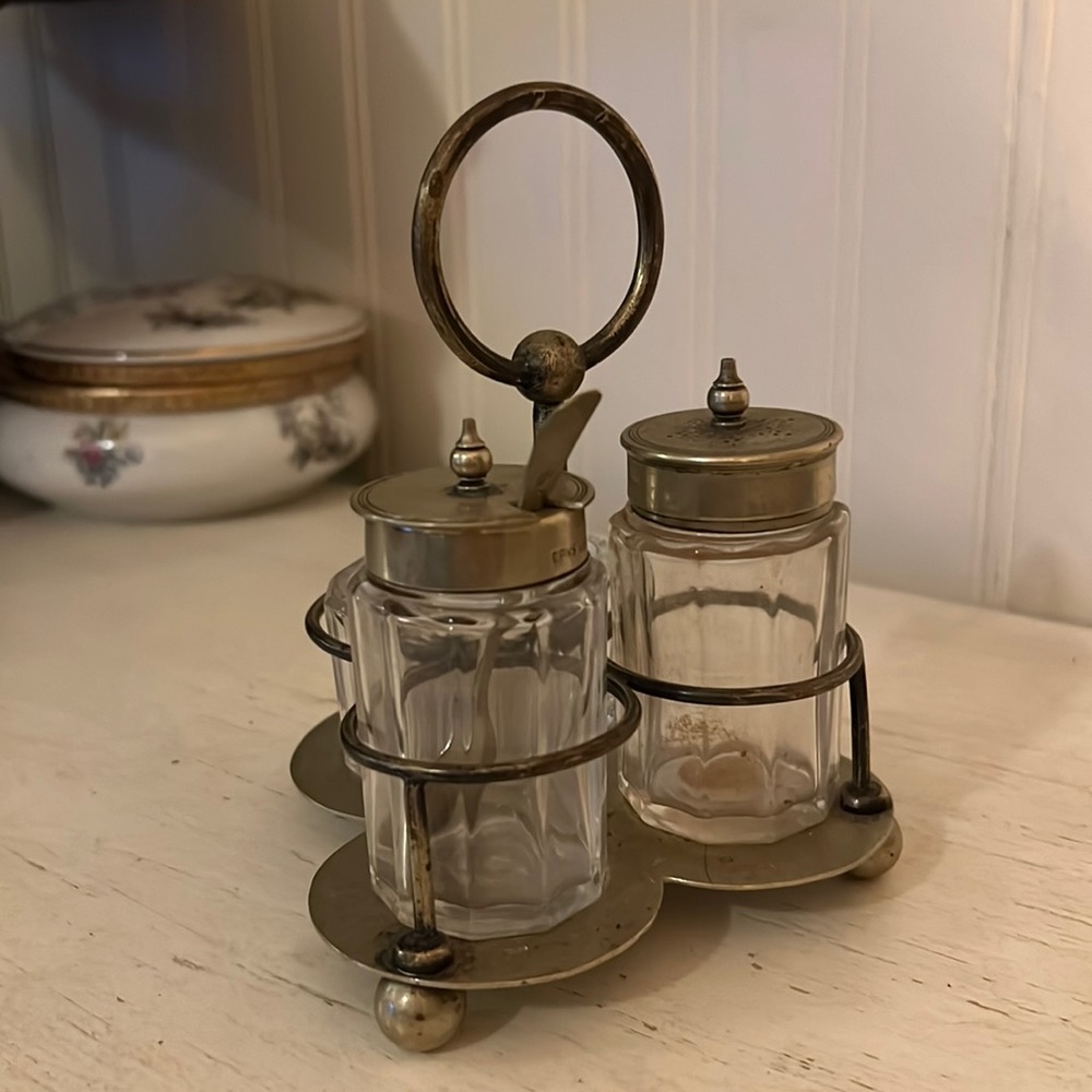 Vintage EPNS Silver plated cruet set England hand soldered JEC&S